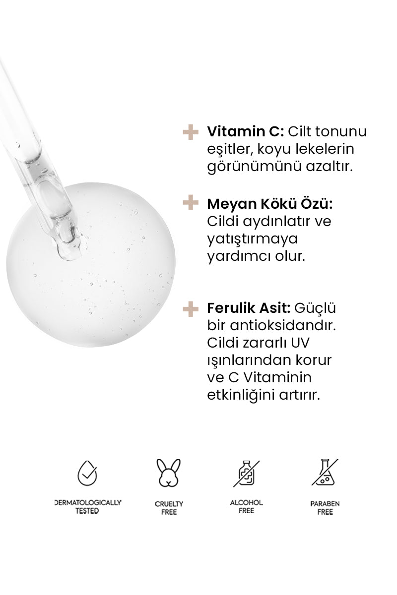 Ton Eşitleyici Aydınlatıcı Serum %10 C Vitamini %5 Ferulik Asit Premium Antioxidant Brightening Serum